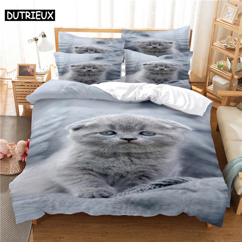 3D Digital Printing Fashion Design Queen Size Lovely Cat Bedding Set, Duvet Cover Set