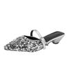 Pointed Sequin Cloth Mesh Breathable Metal Buckle with Non-slip Low Heel Sandals Spring New Bao Toe Slippers