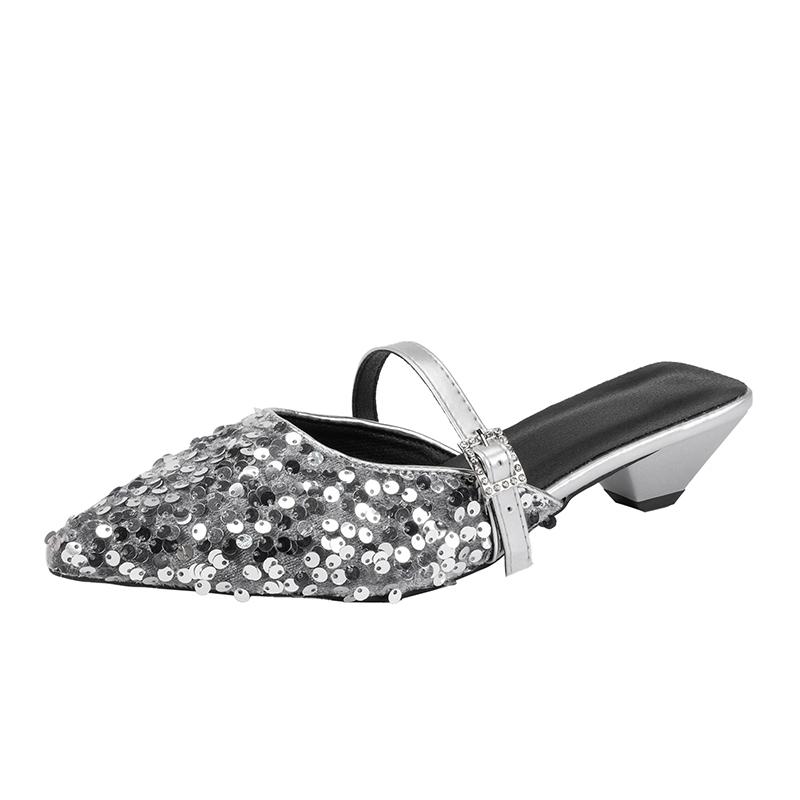Pointed Sequin Cloth Mesh Breathable Metal Buckle with Non-slip Low Heel Sandals Spring New Bao Toe Slippers