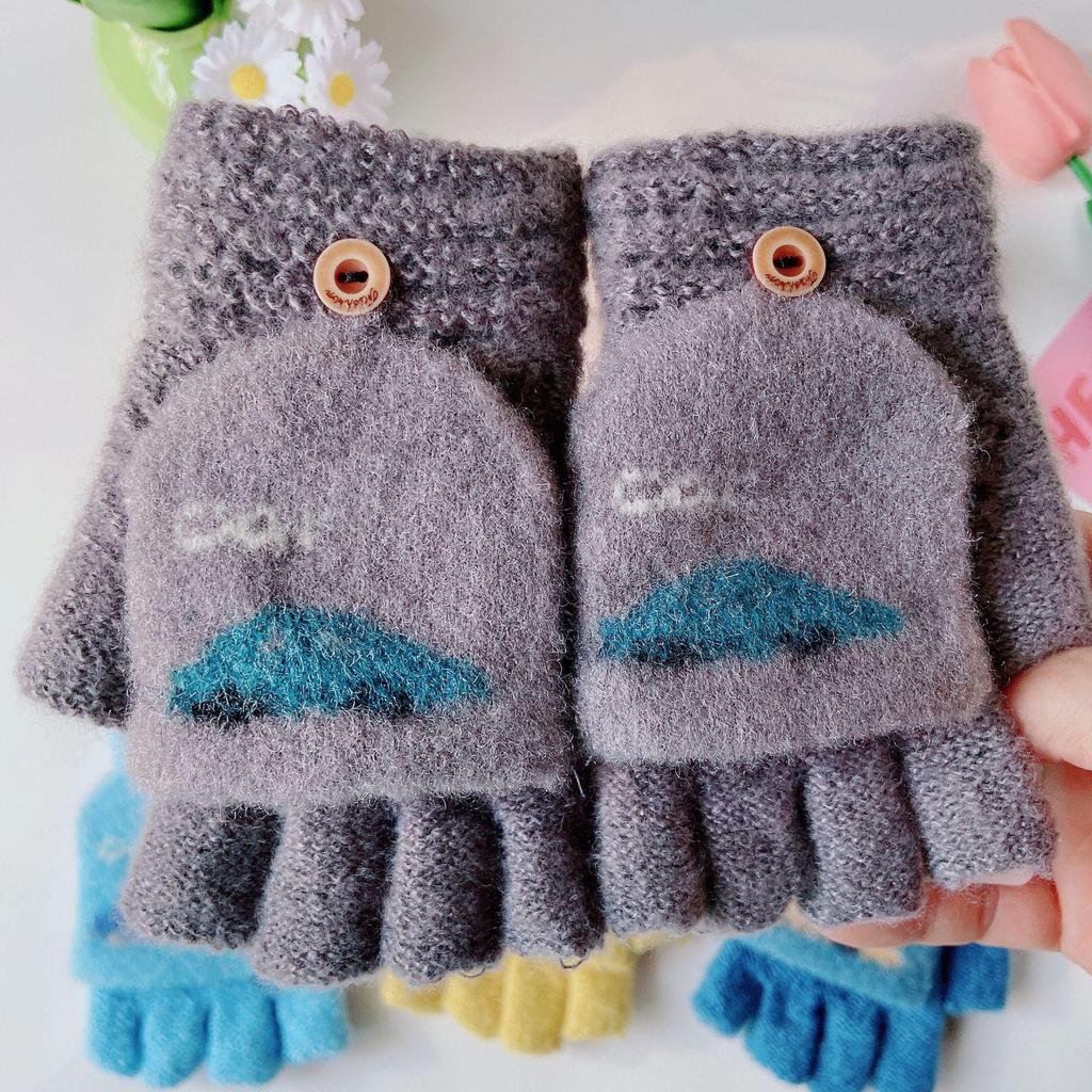 Cartoon Flip-Top Half-Finger Boy's Winter Gloves: Exposed Fingertips for Writing & Cycling