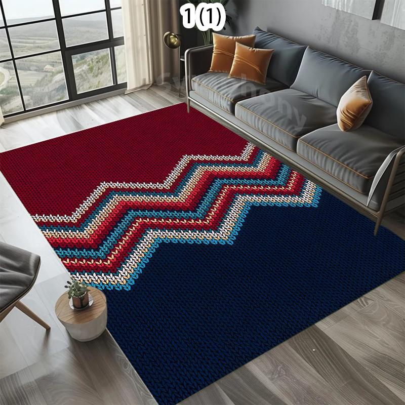 Bohemian Knitting Texture Area Rug 2D Printed Geometric Wave Pattern Non Slip Washable Floor Carpet for Living Bedroom Retro