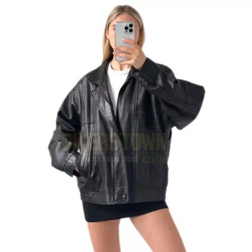 Oversized Real Handmade Black Women's Jacket Lambskin Leather Motorcycle Biker