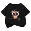 Jarní dětský a dospívající top s krátkým rukávem, potiskem kreslené sovy, pohodlný, ležérní