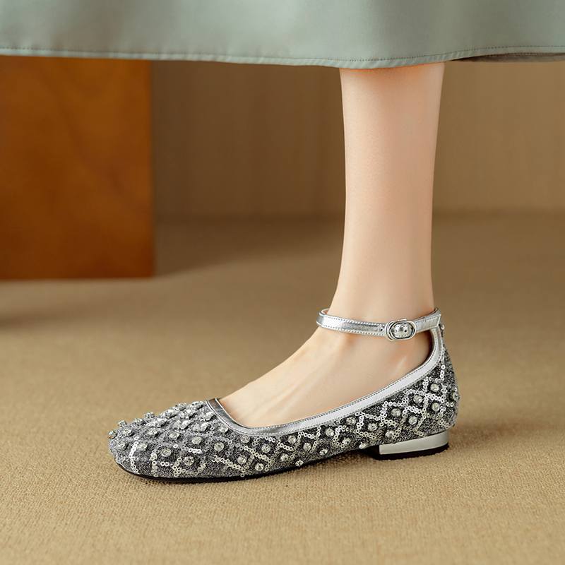 Krazing Pot Knitwear Sheepskin Summer Size 40 Crystal Low Heels Ankle Straps Rhinestone Square Toe Elegant Sweety Pumps
