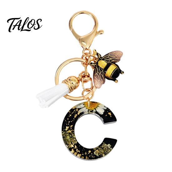 Talos Black Series Keychain Pendant, Dried Flower Initial Letter Charm Key Chain with Bee Tassel Design, A-Z Holder for Bag Purse Backpack