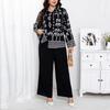 Loose Vintage Printed Shirt Collar Commuter Shirt Pants Set Plus Size For Women