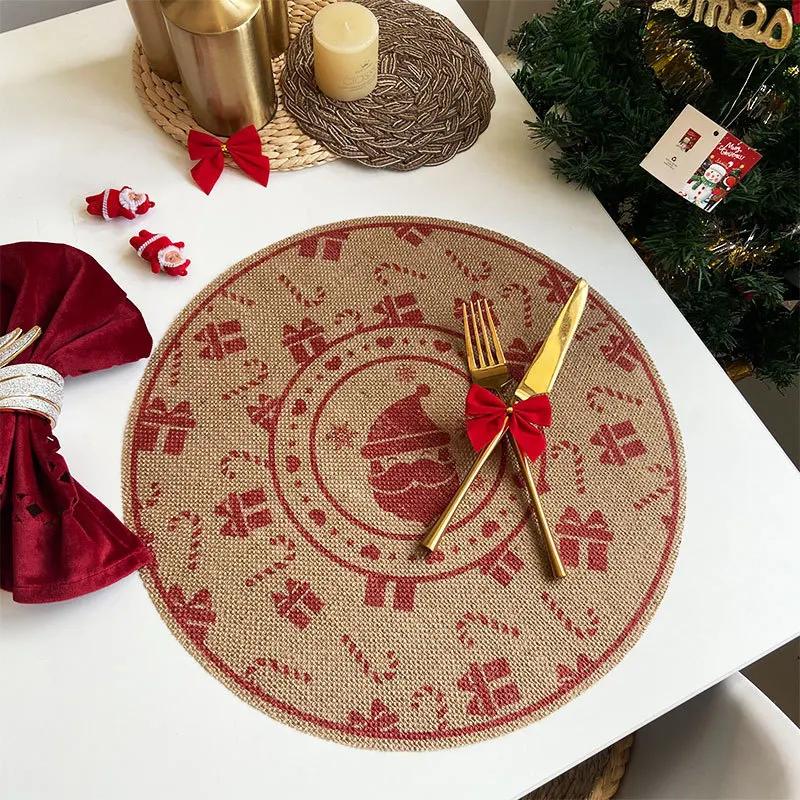 Retro Christmas Jute Placemat Round Printed Woven Dining Table Mat with Wool Ball Heat-Resistant Home Decorative Coffee Cup Mats
