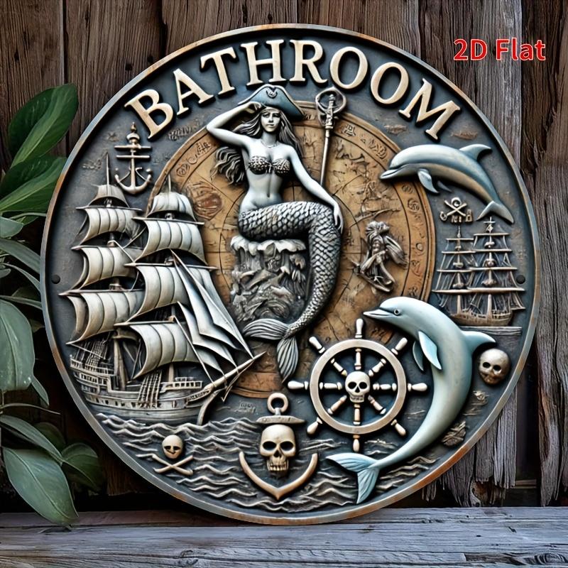 Bathroom Nautical Mermaid Pirate Ship Dolphin Skull Retro D Flat Round Metal Tin Sign Wall Art Plaque For Coastal Home Bathroom 20x20cm(8x8inch)