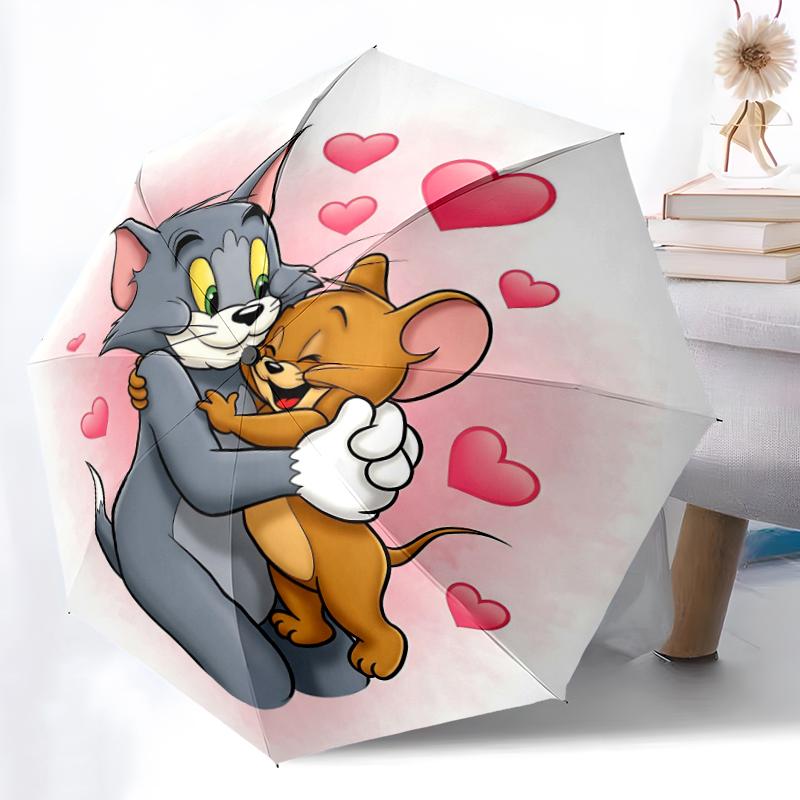 1pc Tom and Jerry pattern Umbrella Portable Folding Umbrella Iron Frame Hole Bone Structure Outdoor Home Umbrella