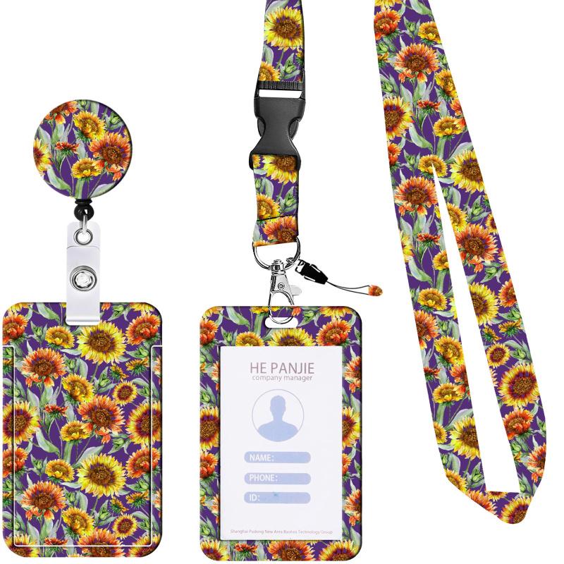 Fashionable ID Badge Holder Set Colorful Floral Sunflower Printing Lanyard ID Card Sleeve With
