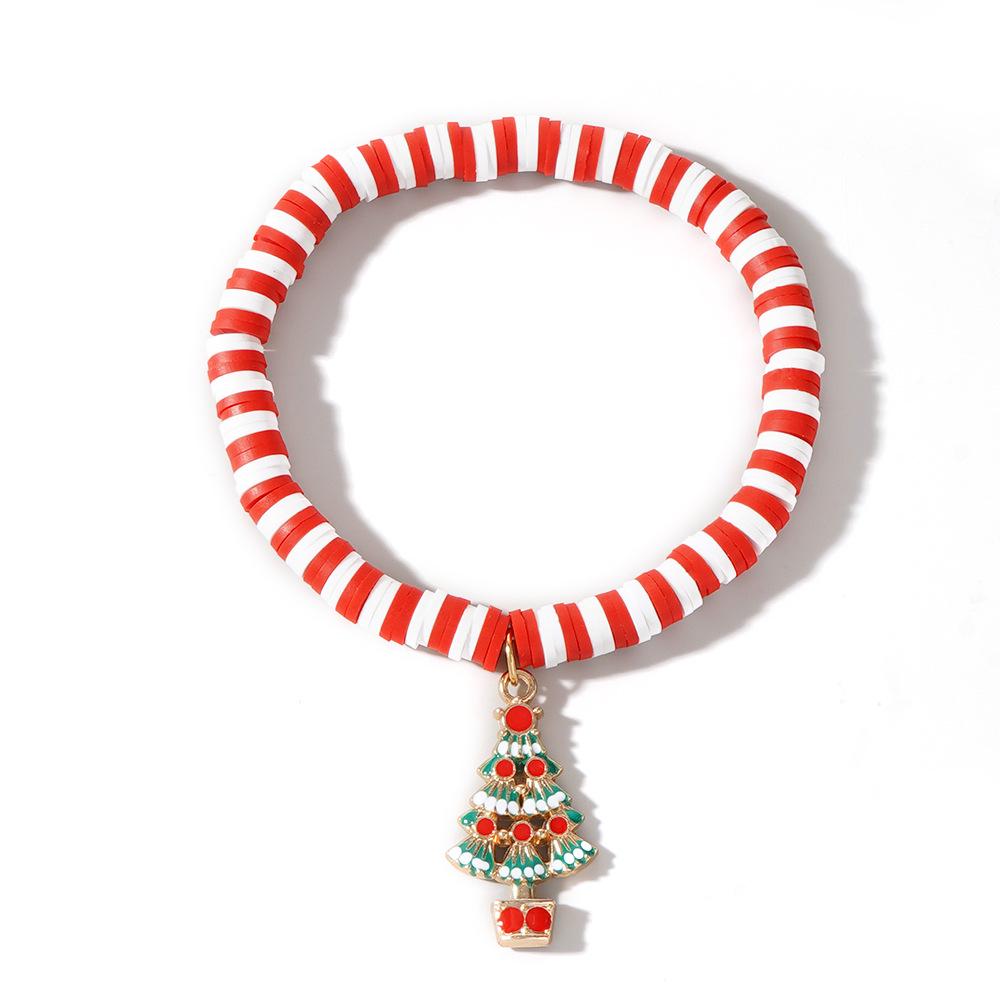 Christmas Clay Beaded Bracelet with Tree, Snowman, Bell & Reindeer Pendants In Red, White & Green - Festive Hand Jewelry