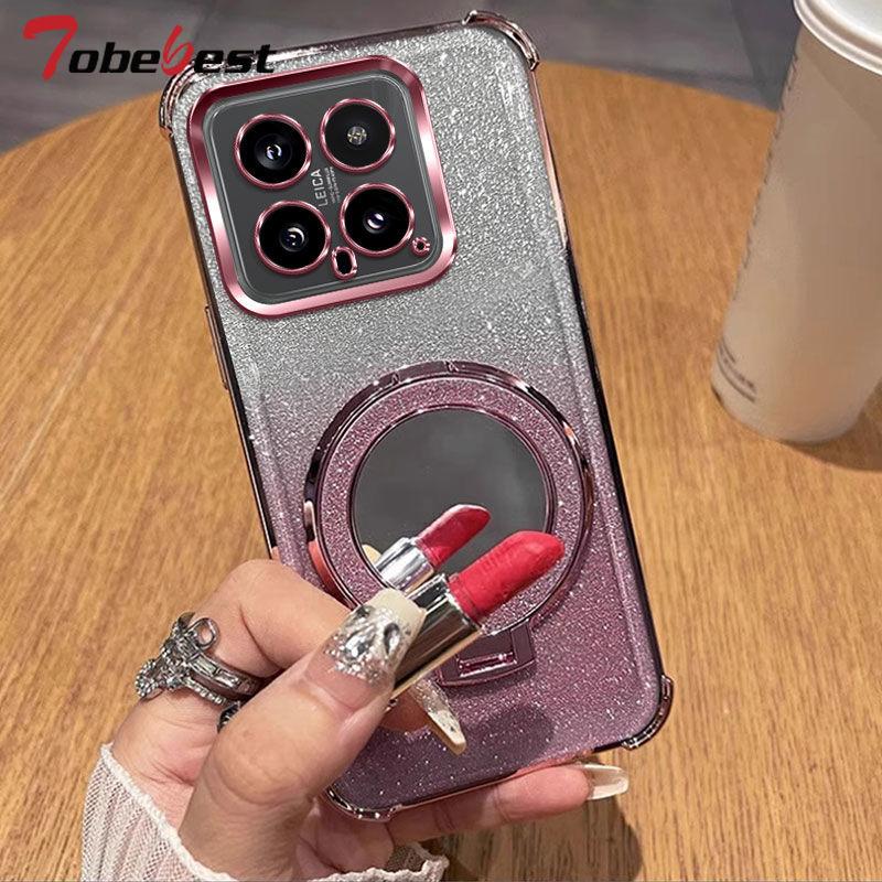 Glitter Shockproof Silicone Case For Xiaomi Mi 15 14 14T 13 12 Pro 12X 12S Mirror Magnetic Holder Stand Soft Cover