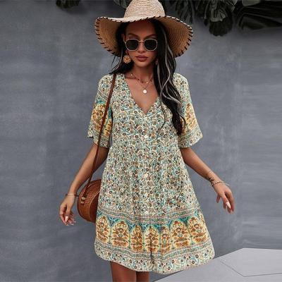 Damen Lässig Sexy Böhmisch V-Ausschnitt Kurzarm Druck Kurzes Kleid Frühling Sommer Beige Grün Marineblau S M L XL