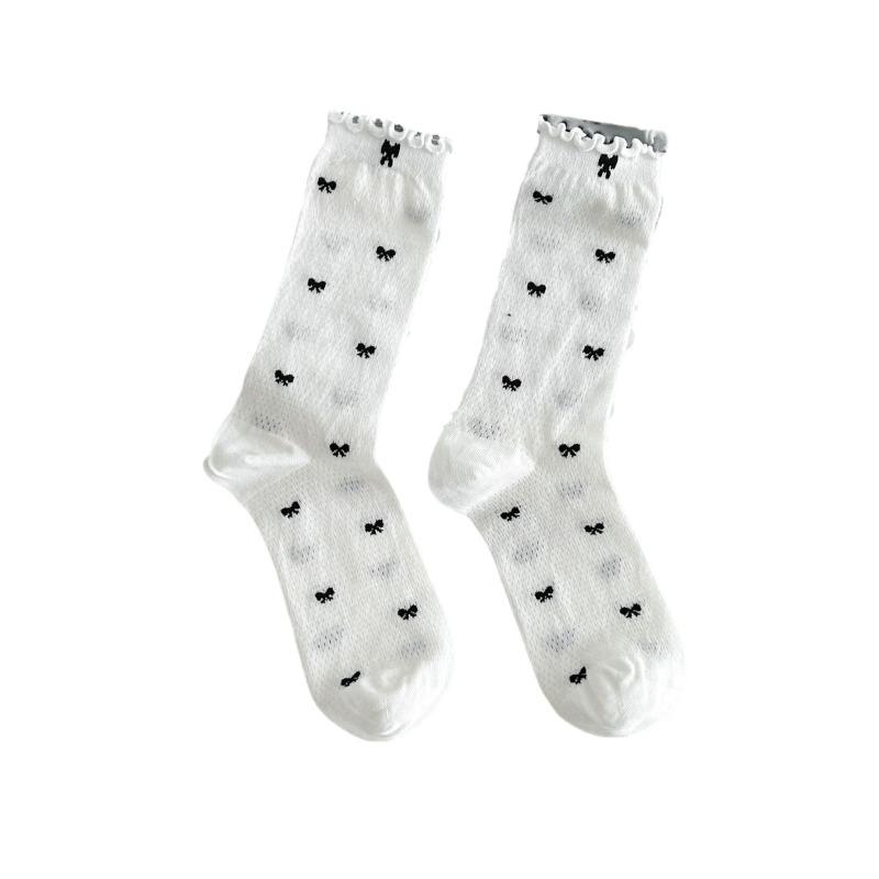 Women's Summer Socks with Mesh, Black Fungus Edges, Pile Socks, Lace Bows, Mid-calf Socks, Boneless Breathable Socks