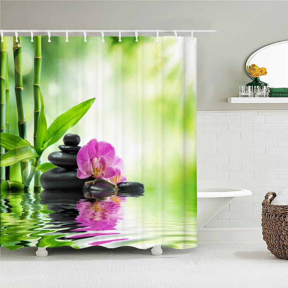 Tenda Doccia Meditazione Pietra Zen Bambù Verde Orchidea Tema Rilassante Spa Tessuto in Poliestere Impermeabile per Bagno Vasca da Bagno