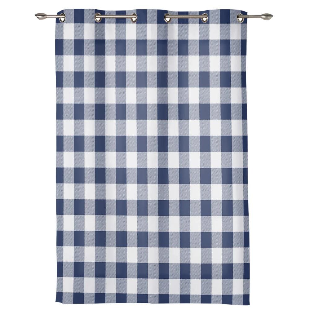 Navy Blue Lattice Idyllic Style Plaid Curtains for Bedroom Living Room Drapes Kitchen Kid's Room Window Curtain Home Decor