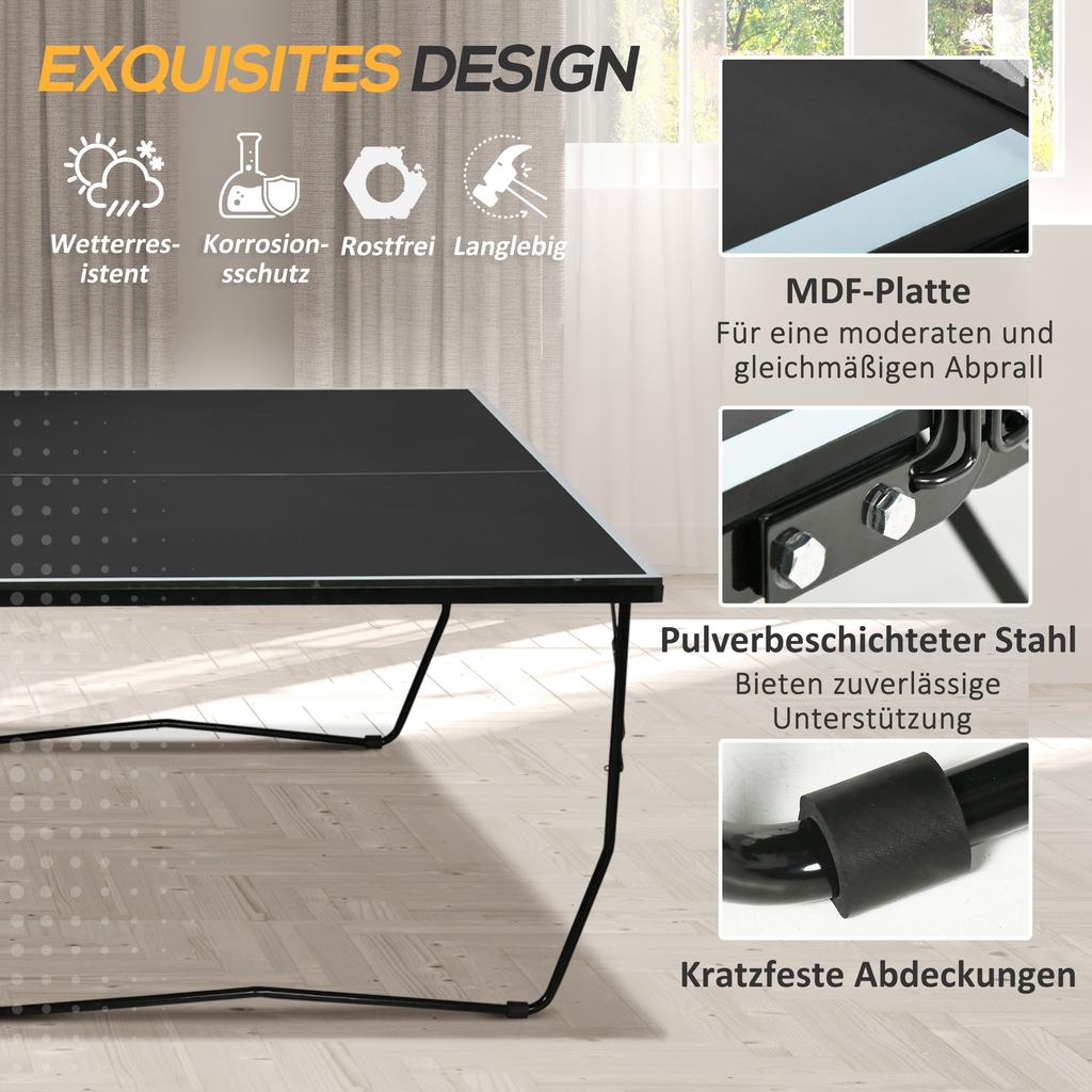 Table Tennis Table, Foldable, 8 Wheels, Powder-Coated Steel Frame, MDF, 274 X 152.5 X 76 Cm, Black