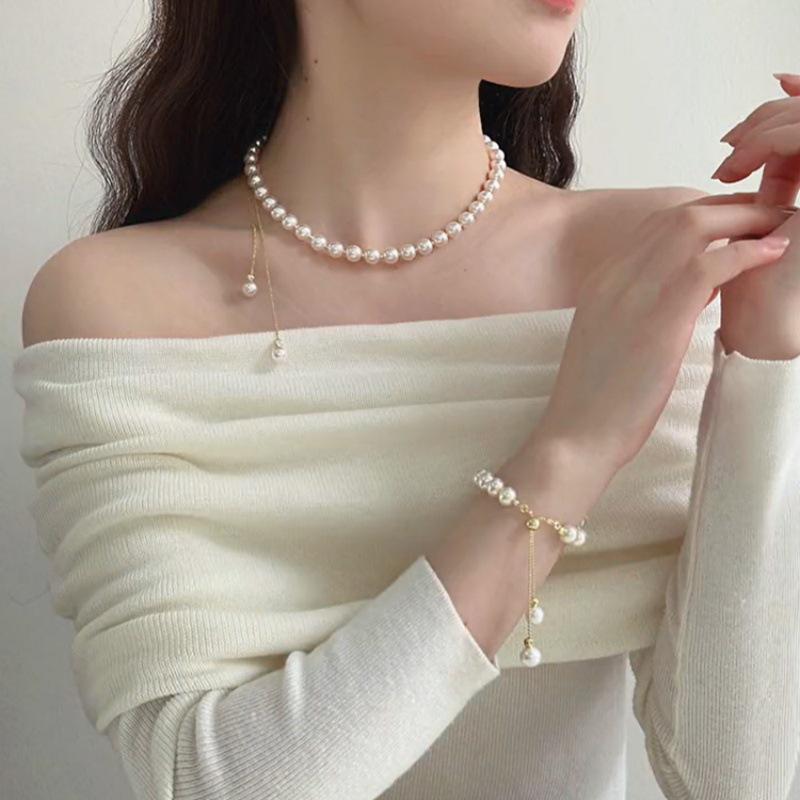 Elegant Korean Pearl Pendant Necklace with Adjustable Drawstring and Tassel for Women