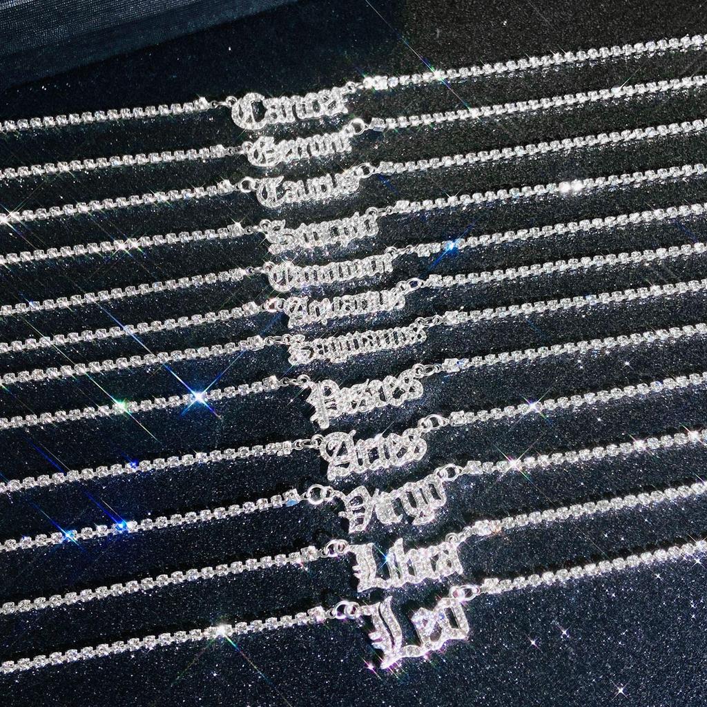 Fashion Twelve Zodiac Super Flash Rhinestone Inlay Necklace Sweater Chain Pendant