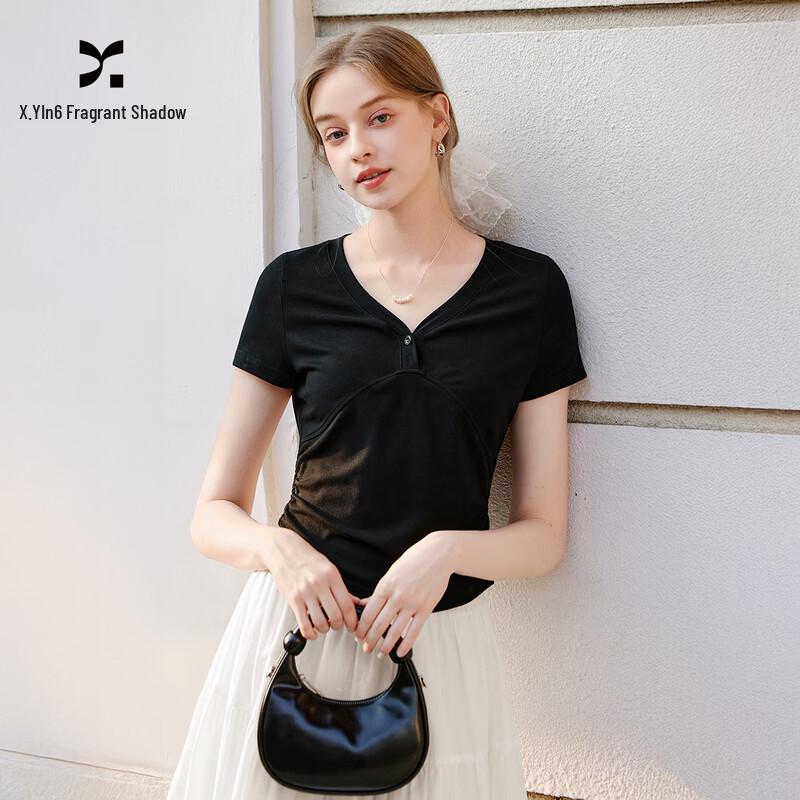 Xiangying Women s V-Neck Pleated Short Sleeve T-Shirt S