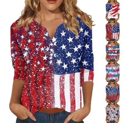 Women’s V Neck 3/4 Sleeve Blouse with Star Print Loose Fit Pullover Top Casual Lightweight Comfortable Shirt for Daily Wear