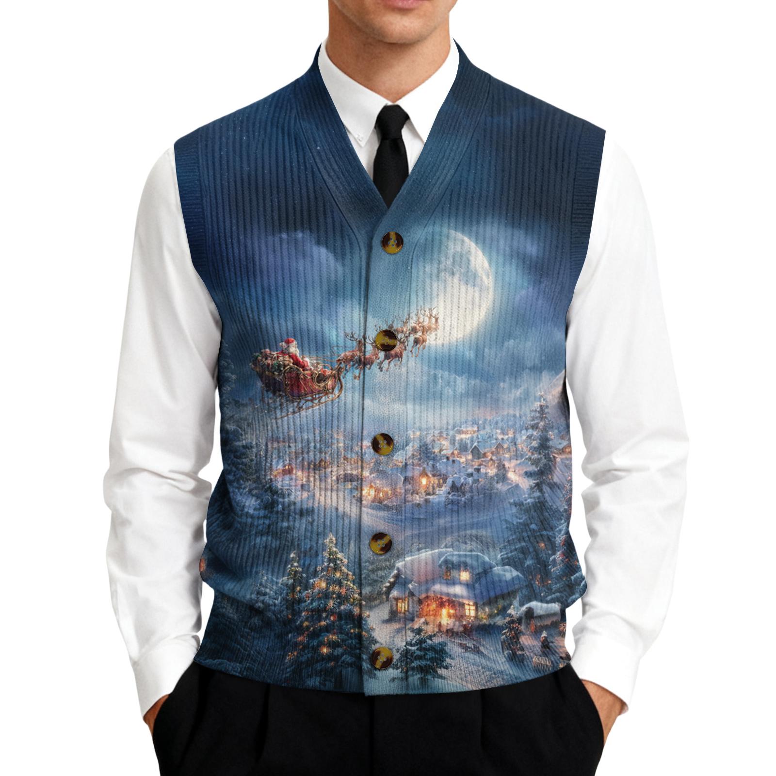 

Men s V-Neck Sleeveless Knit Cardigan Vest with Print Classic Fit Soft Texture Suitable for Daily and Festive Wear XL синий