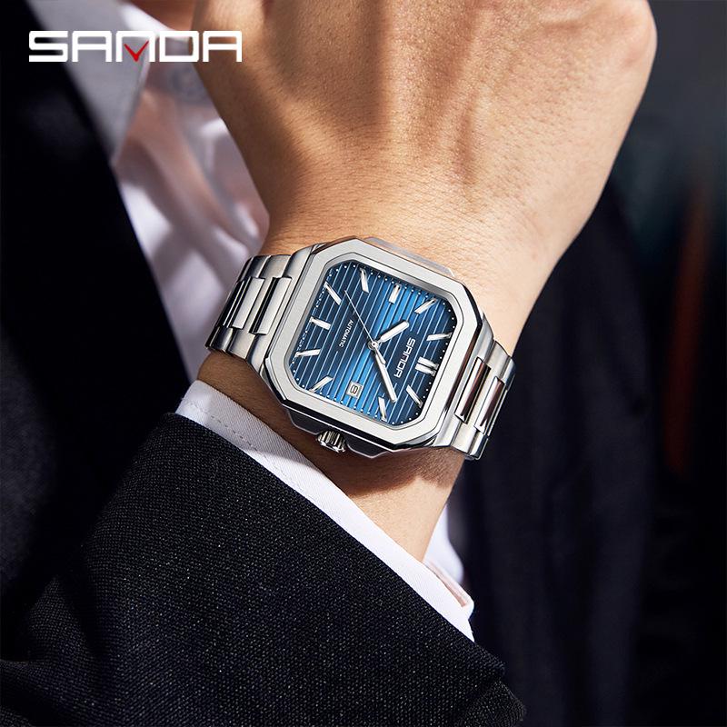 Sanda Herren Quadratische Mechanische Uhr, Schlichtes Design, Kalender, Wasserdicht, Massives Stahlarmband, Business-Stil