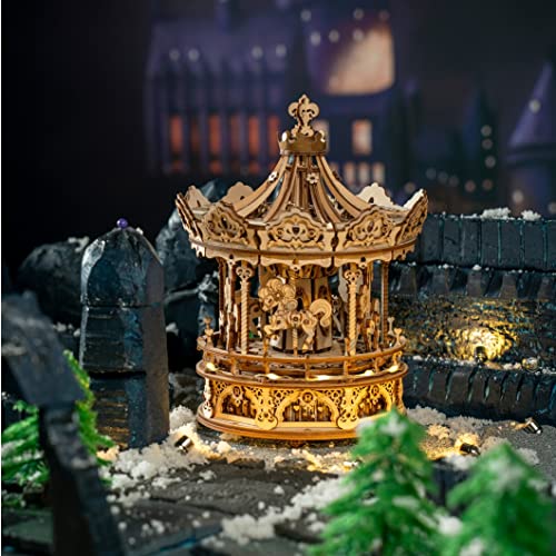 Tsukurundesu® 3D Moving Wooden Puzzle with LED and Music Box (Pony Carousel) with Japanese Instructions