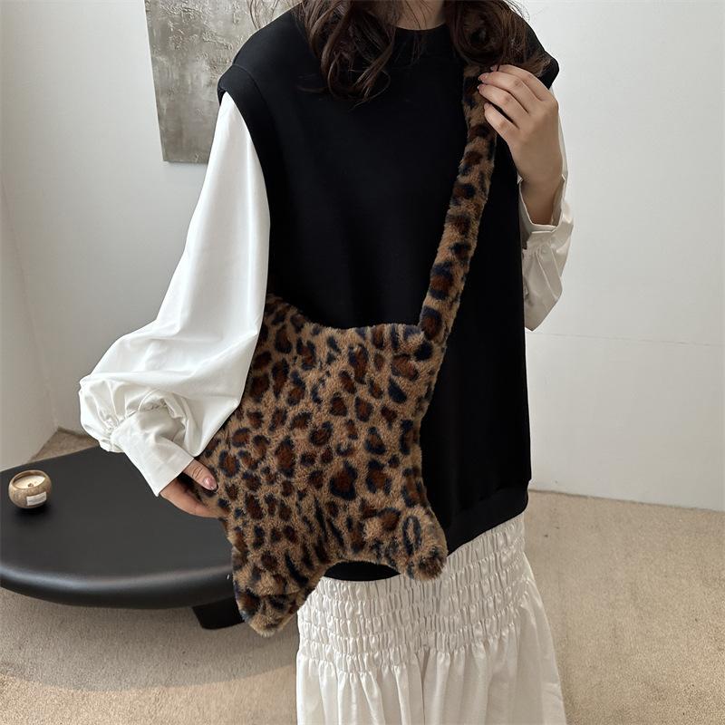 Star Leopard Print Plush Crossbody Bags for Women Furry Large Capacity Girls Shoulder Bag Vintage Tote Handbags Female Purse KTY