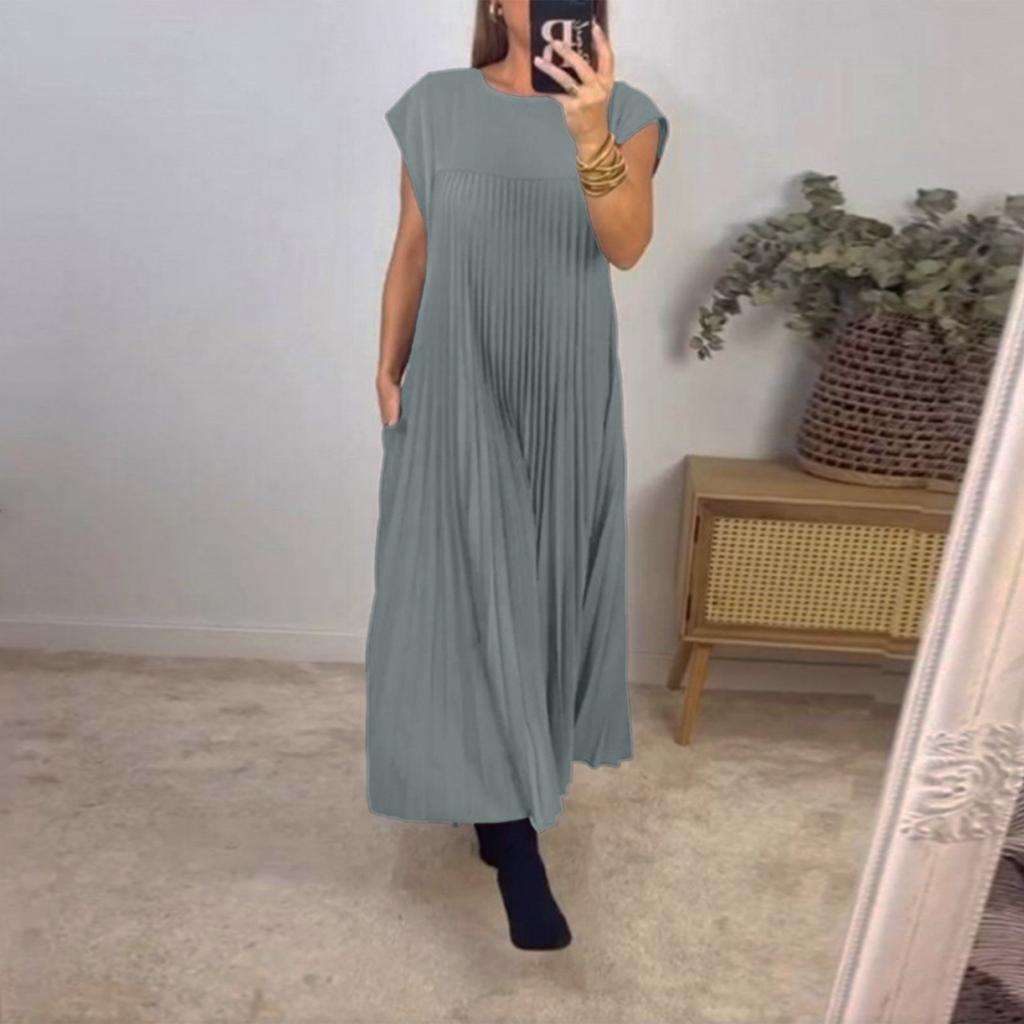 Dress Women's Fashionable Round Neck Sleeveless Pleated Long Dress