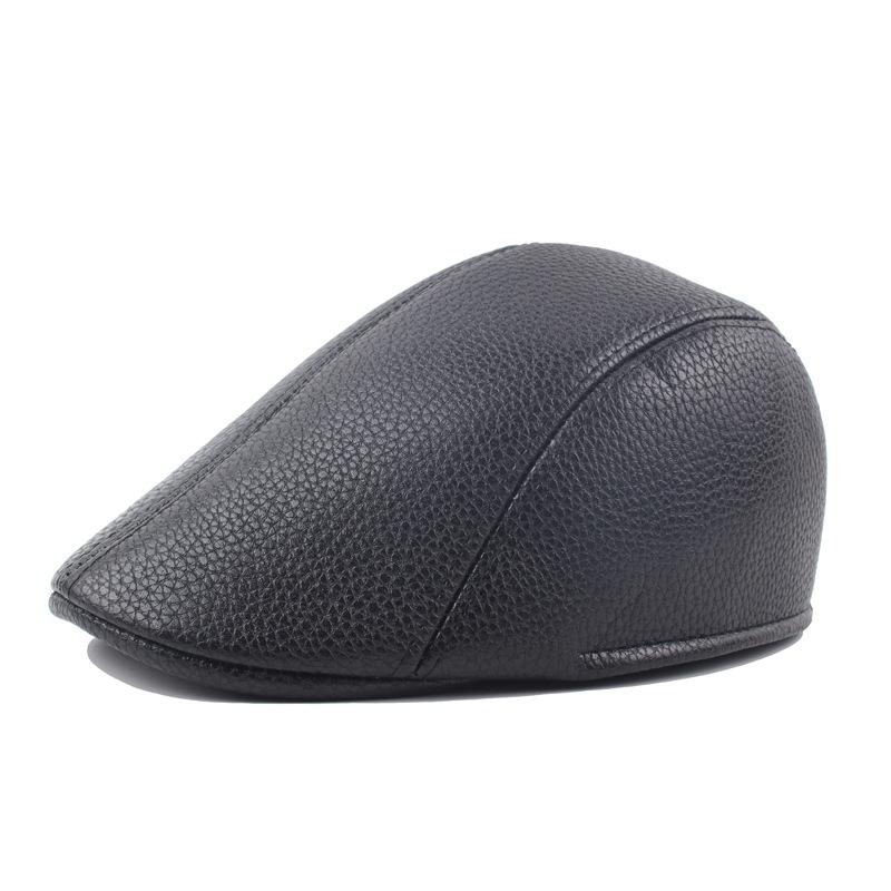 Winter Pu Hat Men'S Fleece Thickened Leather Forward Hat British Style Simple Beret Monochrome Leather Hat