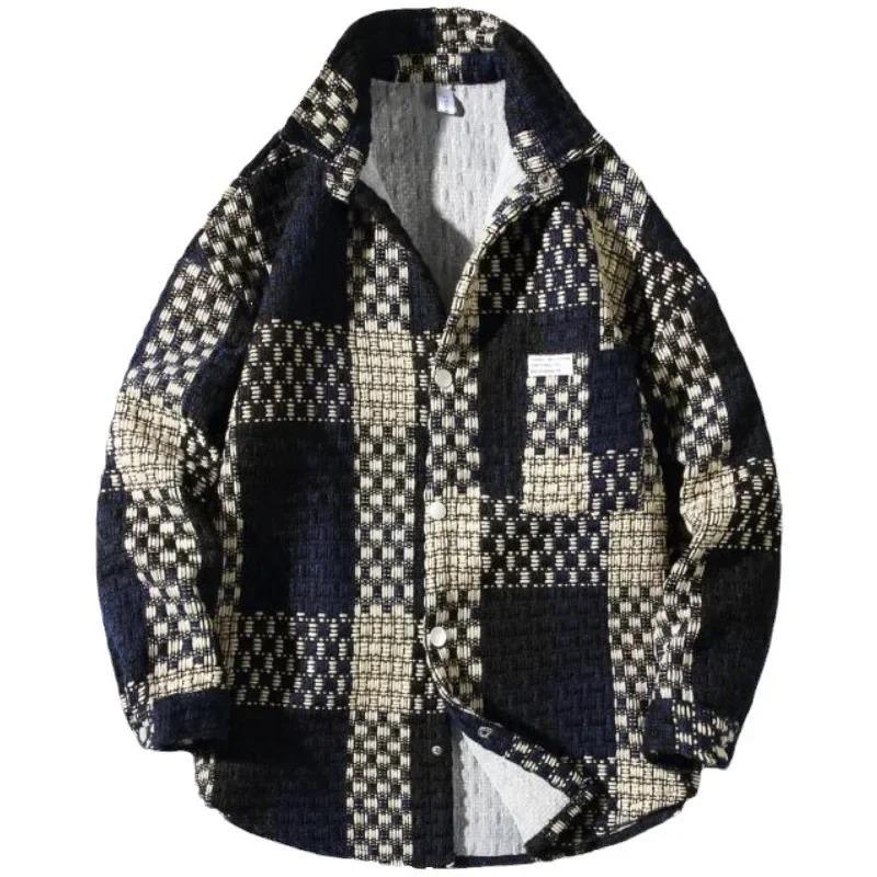 Fashion Loose Spell Color Grid Single Breasted Lapel Jacket Men's Spring Autumn Casual Jacket Pockets