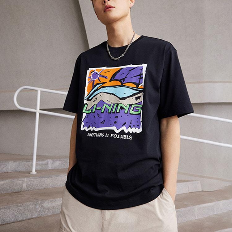 Li-Ning Cartoon Print Round Neck Short Sleeve Drop Shoulder T-Shirt Unisex Tops Black AHST543-2