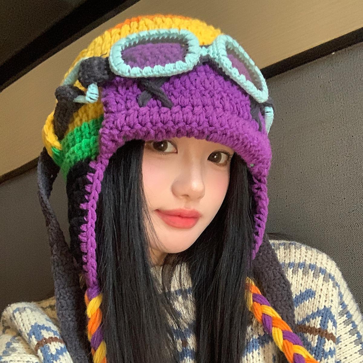 

Tan Jianji has the same glasses, removable wool hat, female funny ear protector, Lei Feng hat, small knitted flying hat M（56-58cm） різнокольоровий