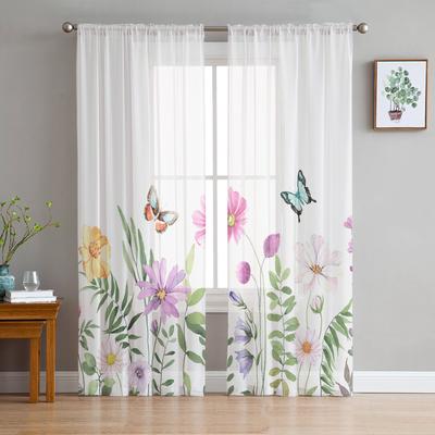 Cortinas transparentes de borboletas com flores de primavera para sala de estar, quarto, decoração de casa, cozinha, tule para janelas, cortinas de voile