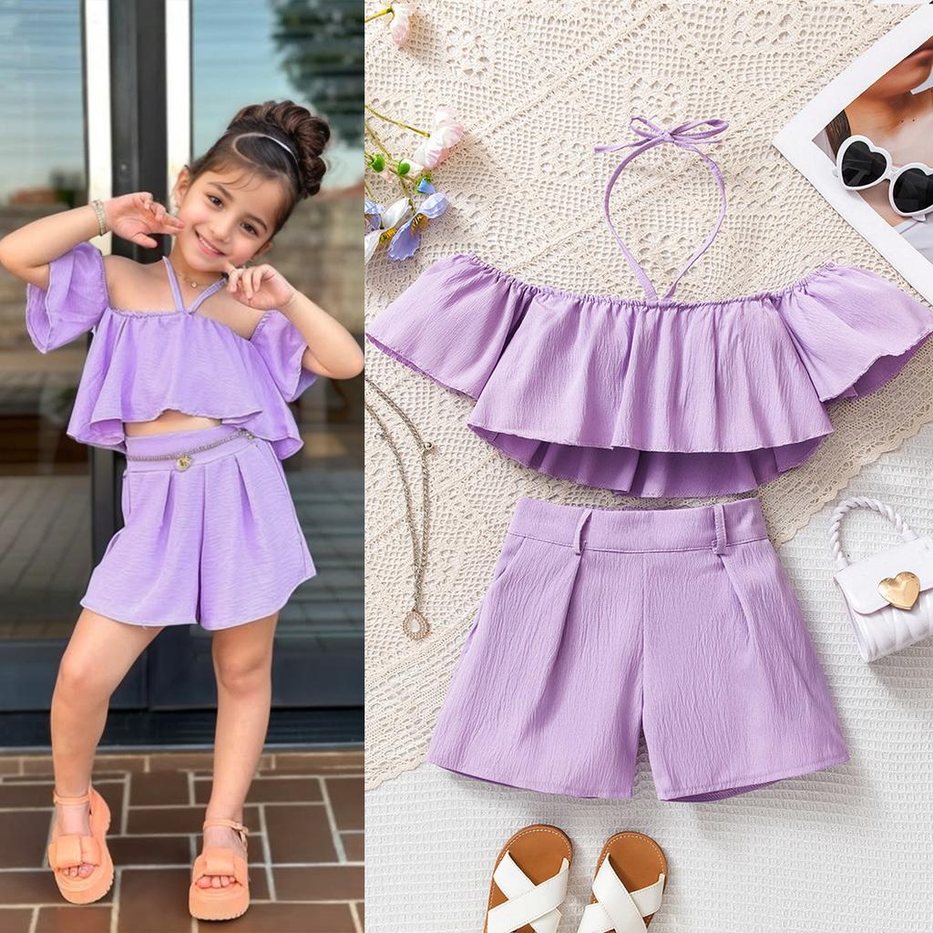 Dívčí ležérní oblek Letní dětská móda Top s jedním ramenem a krátkým rukávem + Šortky Dvoudílný set