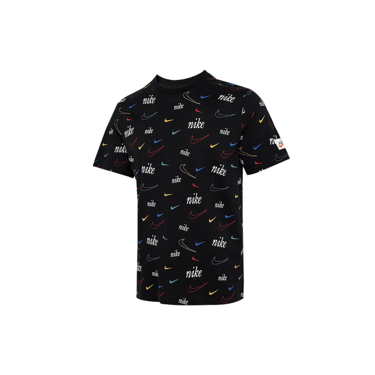 Men s Nike Logo Full Print Sports Training Short Sleeve Black T-Shirt DJ1392-010 L