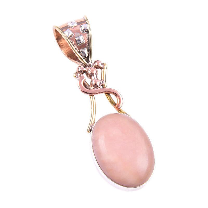 Natural Pink Opal Gemstone 925 Solid Sterling Silver Two Tone Pendant 1.75" b4a19