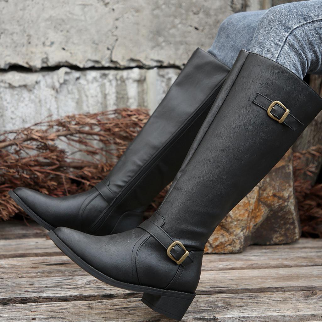 Pointed Buckle Knight Boots Winter 2025 New Plus Size Vintage Block Heel Boots