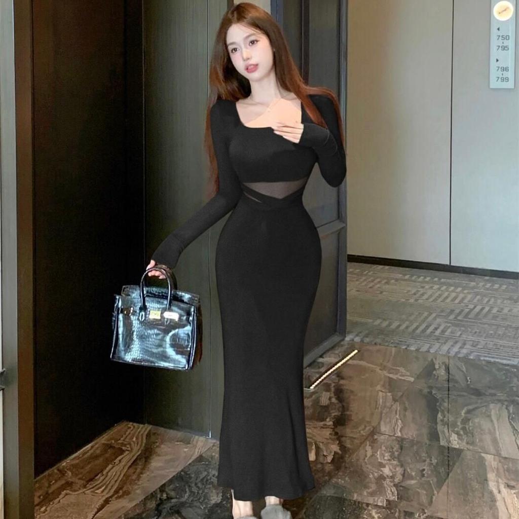 Long-sleeved Mesh Stitching Pure Desire Sexy Slim-fitting Hip-wrapped Fishtail Skirt Autumn and Spring Waist Beautiful Super Good-looking Dress