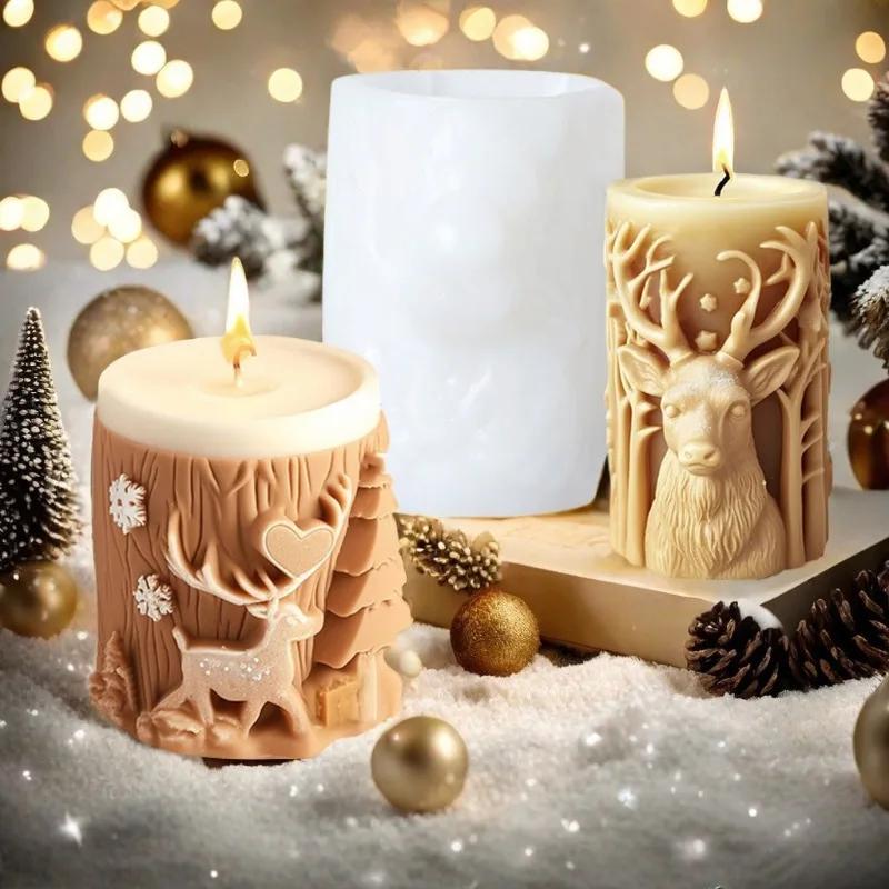 3D Christmas Tree Carving Pattern Cylindrical Elk Relief Cylinder Candle Silicone Diy Ornament Mold Candle Molds Christmas Gift