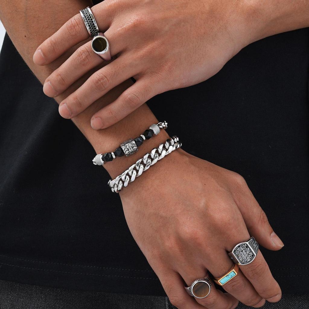 Titanium Steel Zircon Tiger Eye Ring: Men's Turquoise Hip Hop Fashion Accessory