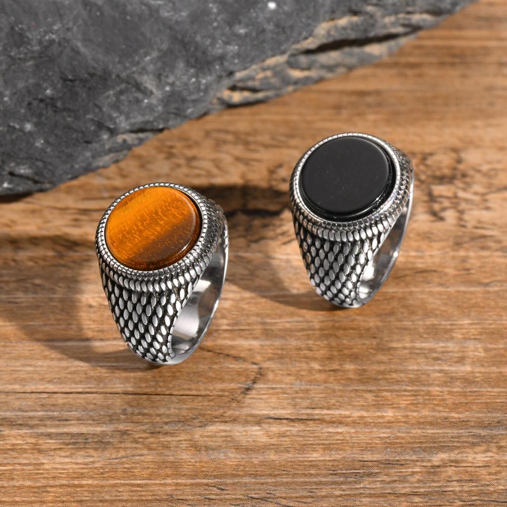 Mens Punk Round Gemstone Rings,Stainless Steel Scales Tiger Eye Ring Signet Ring,Stylish Hiphop Jewelry Gift for Him Boys