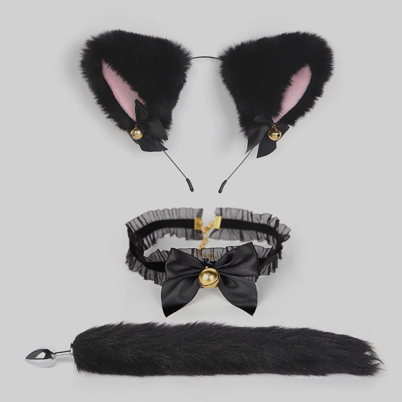 Bondage Katzenanzug mit Schwanz Analplug, Halsband & Knebel