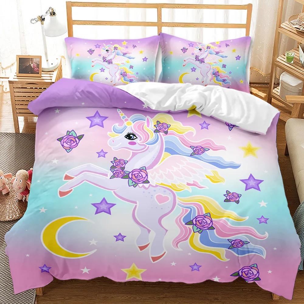Unicorn Kids Girls Pink 3D Bedding Set Duvet Cover Sale Cartoon Bedcllothes Animal Printed Queen King Size Home Duvet Covers