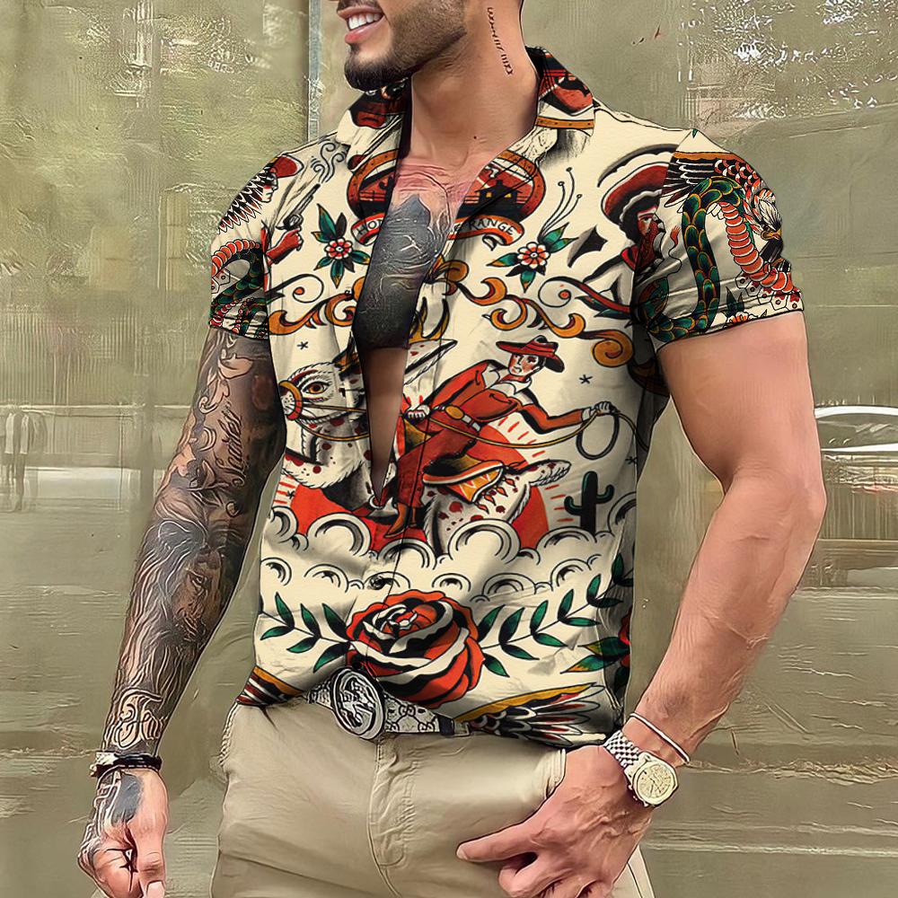 T-shirt con tatuaggio estivo Camicie hawaiane da uomo Marca Manica corta Top Magliette Camicetta casual da uomo Moda Camisas De Hombre Abbigliamento