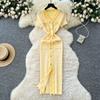 Xiaoxiangfeng high-end rough edge V-neck short-sleeved knitted dress women's summer waist single-breasted slim-fitting long skirt