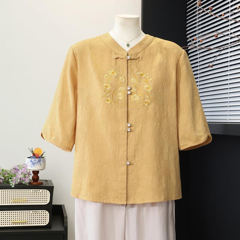 Yuzhaolin New Chinese Style Embroidered Summer Shirt for Middle-Aged Women