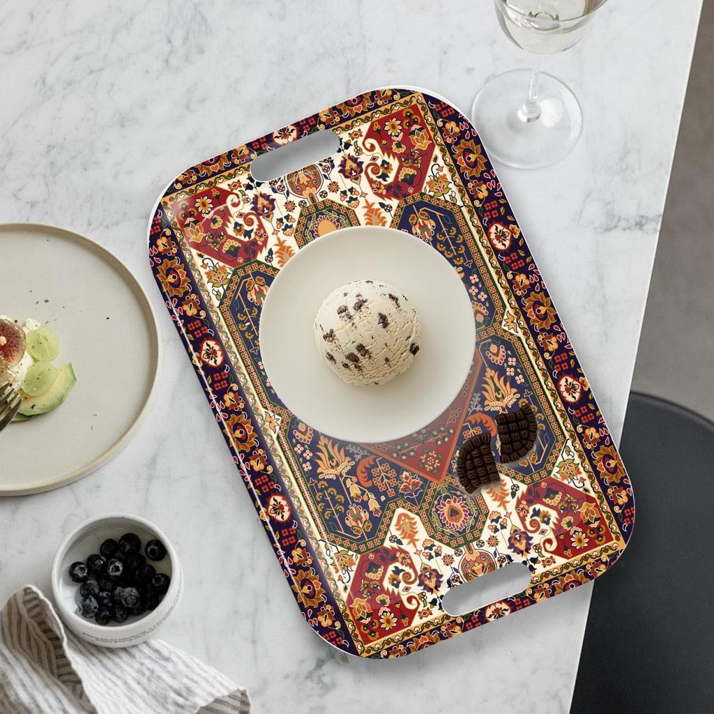 Lightweight, stylish, washable rectangular tray with a bohemian design (37 x 25 cm) with handles for serving meals, cakes, and Japanese sweets.