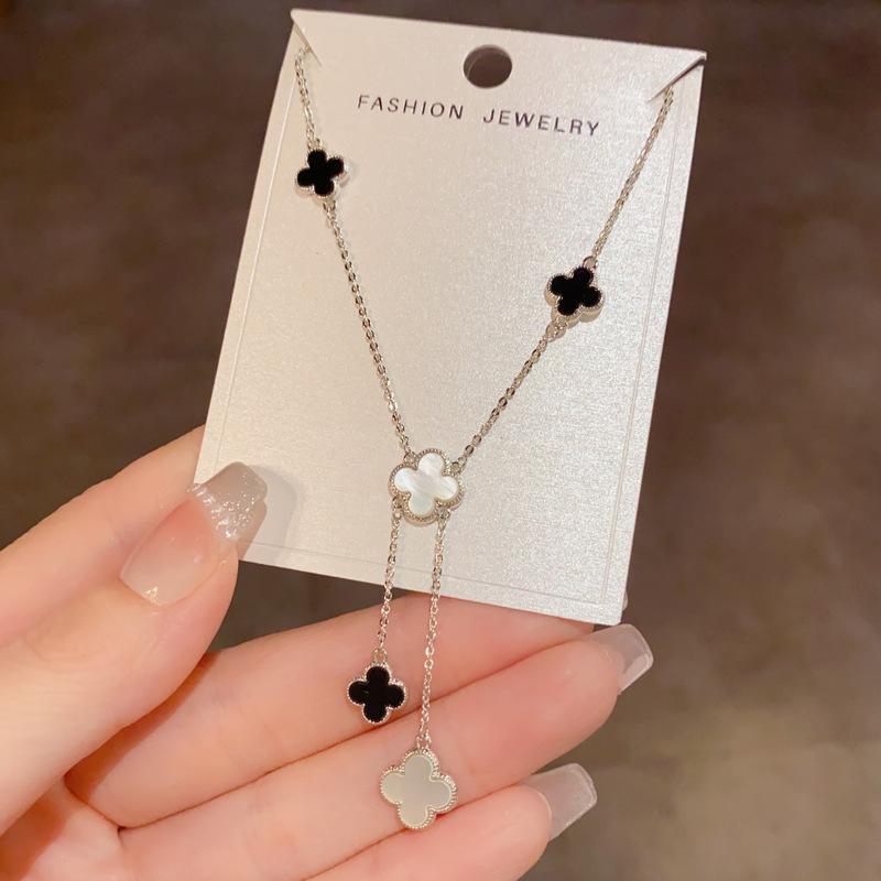 Schwarz Weiß Klee Lariat Halsketten Set – Gold/Silber Y-förmiger Glücksschmuck, Elegantes Geschenk für Frauen